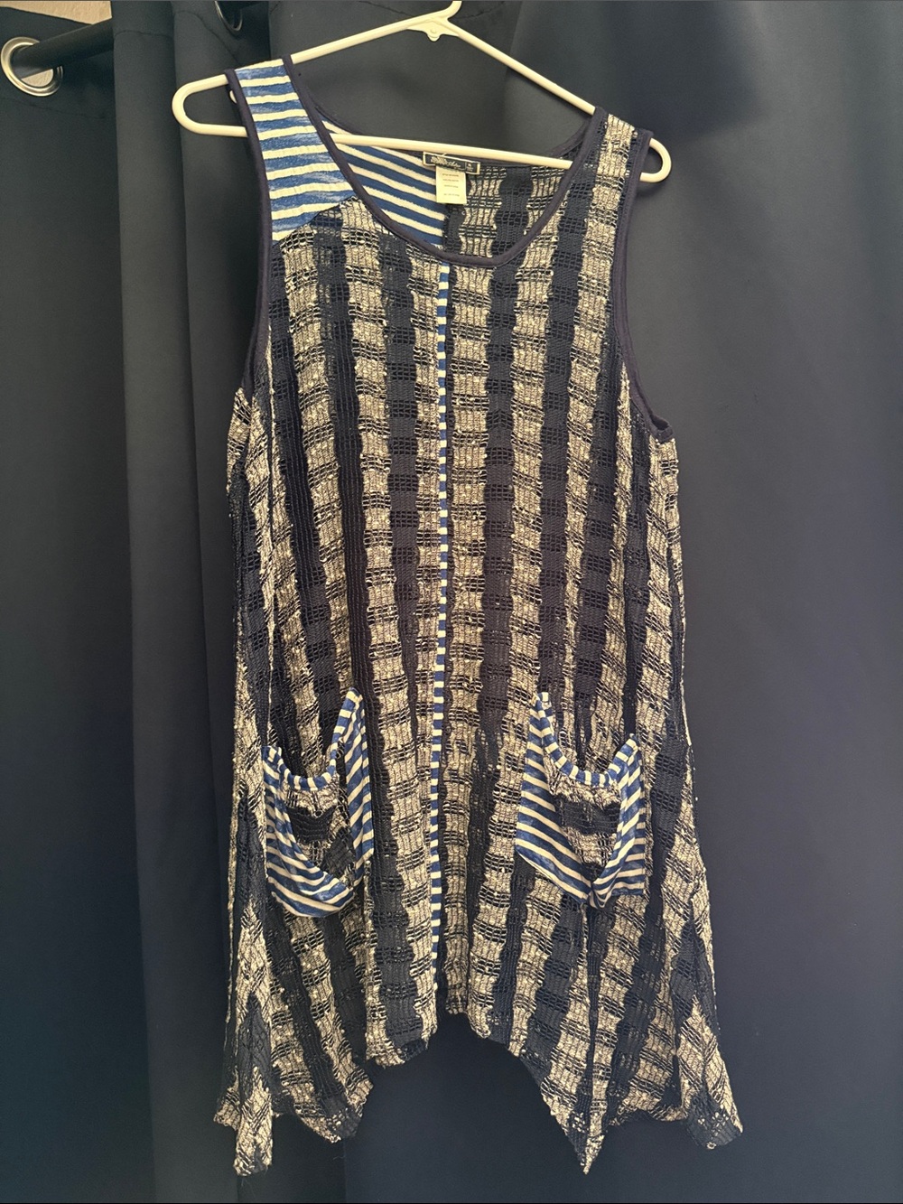 Sleeveless Navy and White Striped Patch-Pocket Tunic